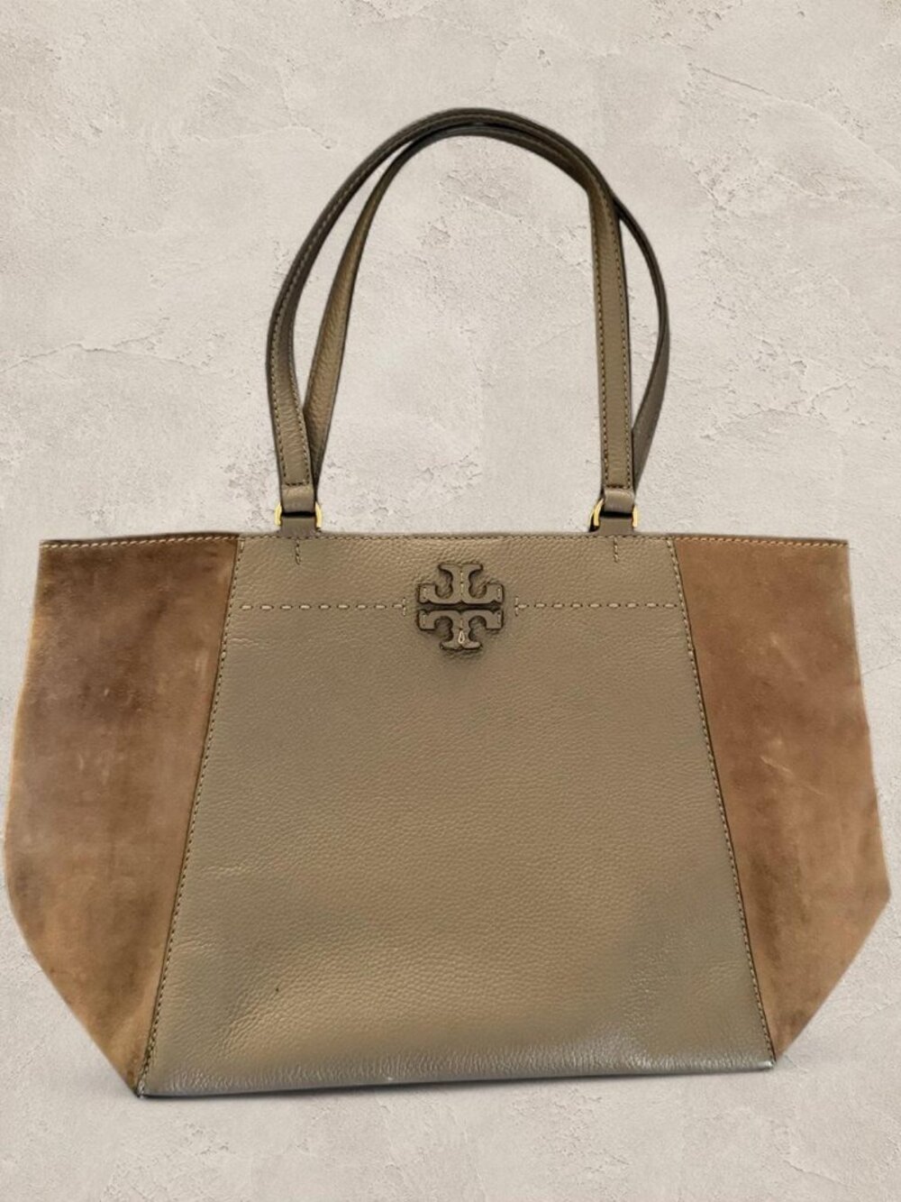 Tory Burch McGraw Leather & Suede Tote Bag Taupe Brown
